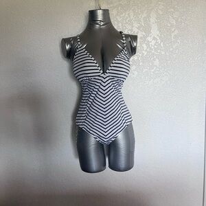 Splendid Black and White Striped One Piece Swimsuit